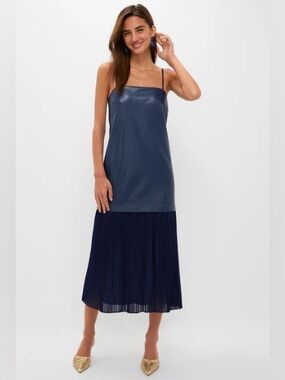 NWT Tuckernuck Hyacinth House Leather Pleated Ozzy Midi Dress Navy L